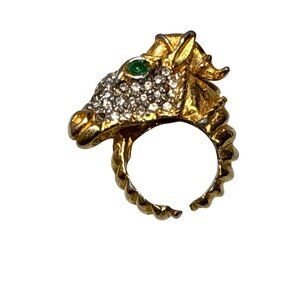 Vintage K.J.L. Kenneth Jay Lane Ram Head Statement Ring - Gold Tone, Green Cboch